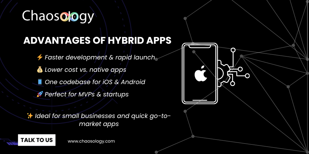 Chaosology graphic explaining advantages of hybrid apps such as faster development, lower cost, single codebase for iOS and Android, and suitability for MVPs and startups.