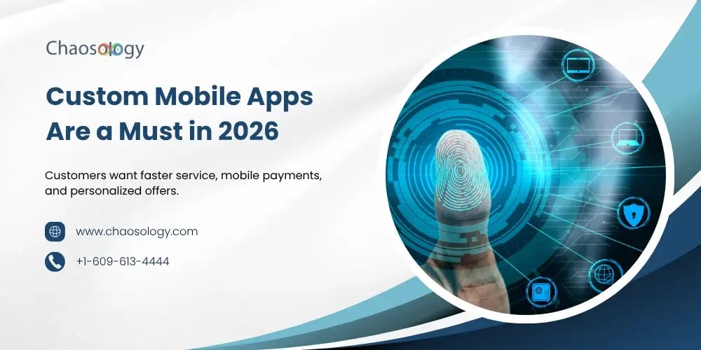 Chaosology banner promoting custom mobile apps in 2026.