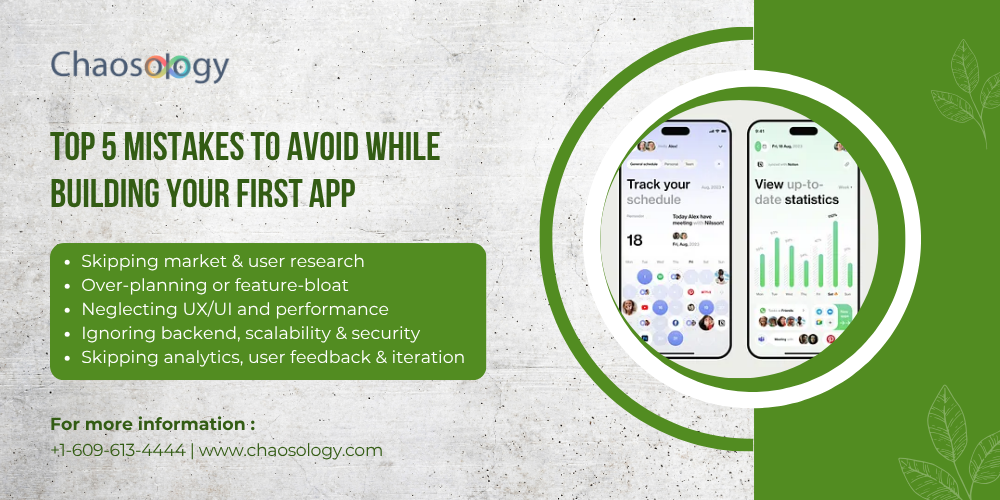 Chaosology banner on top 5 app development mistakes with app screen visuals.