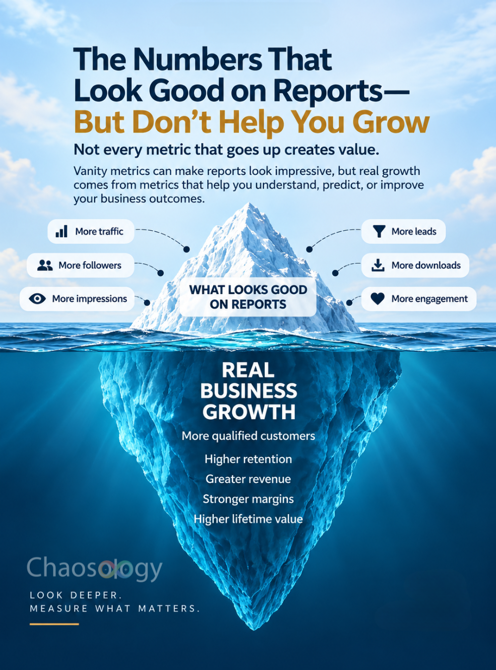 Iceberg showing vanity metrics versus real business growth.