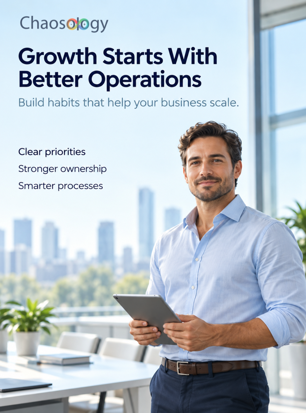 Business professional holding a tablet in a bright office beside text highlighting clear priorities, stronger ownership, and smarter processes.