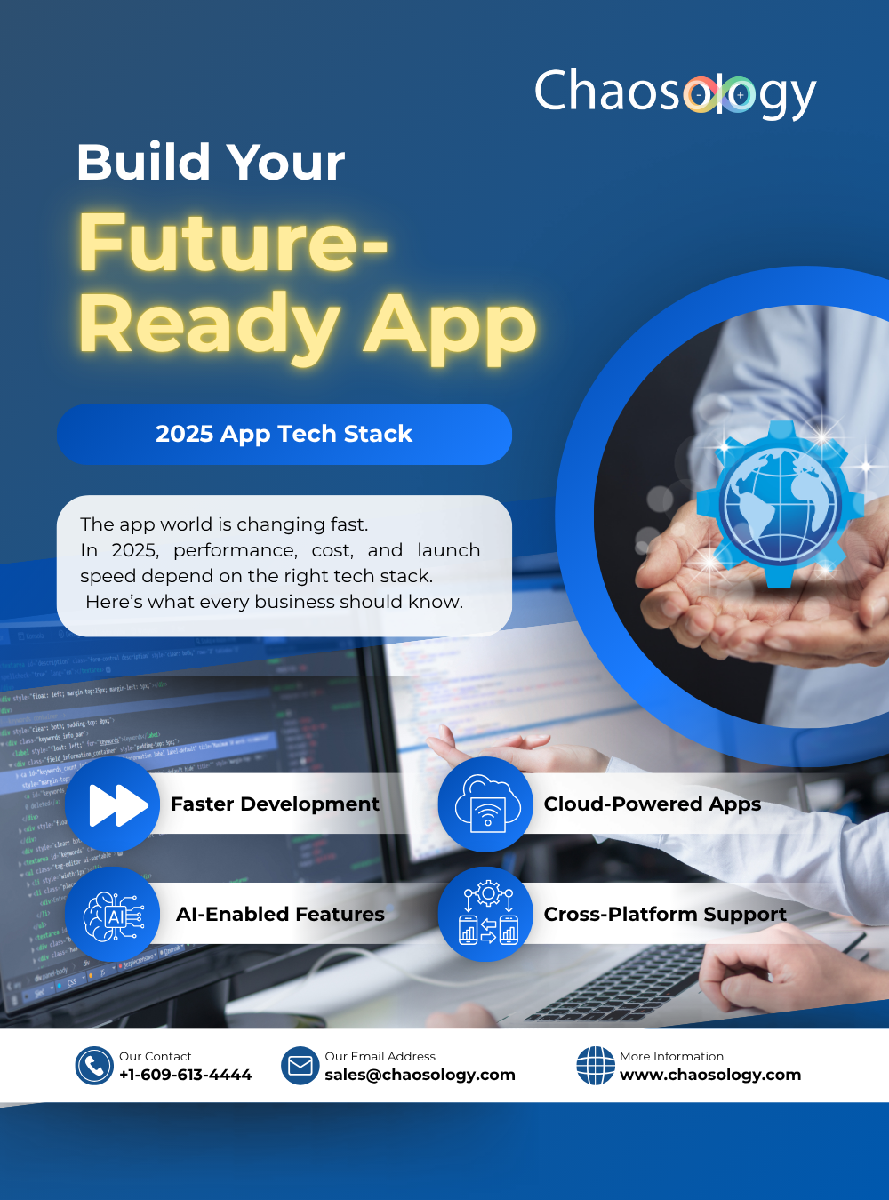 Future-ready app development concept highlighting AI-enabled features, cloud-powered apps, faster development, and cross-platform support using modern 2025 tech stacks.