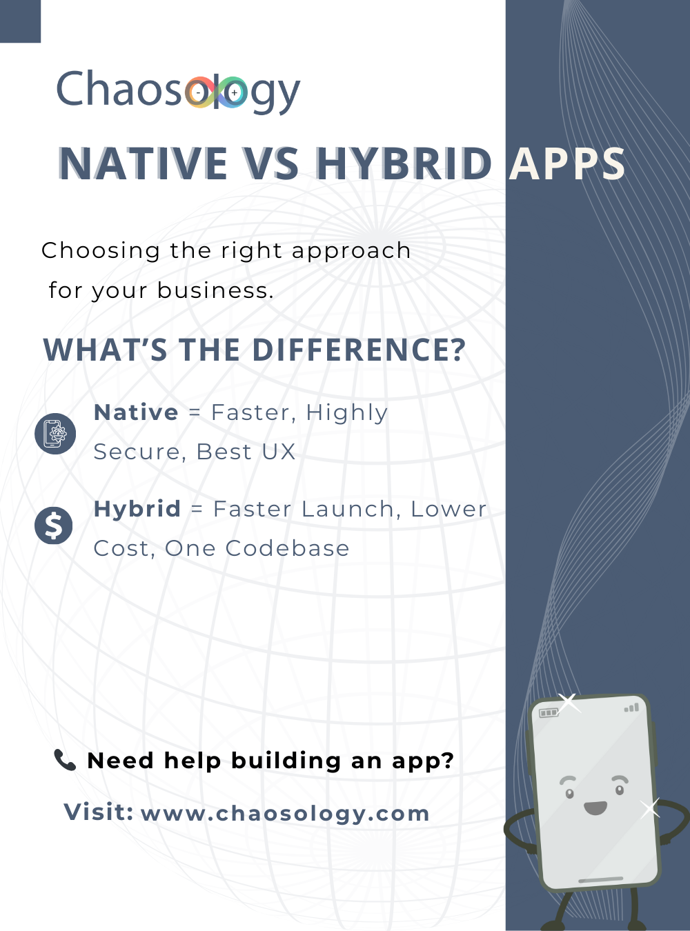Chaosology infographic comparing native vs hybrid apps, showing native apps offer higher performance and security while hybrid apps provide faster launch, lower cost, and a single codebase.