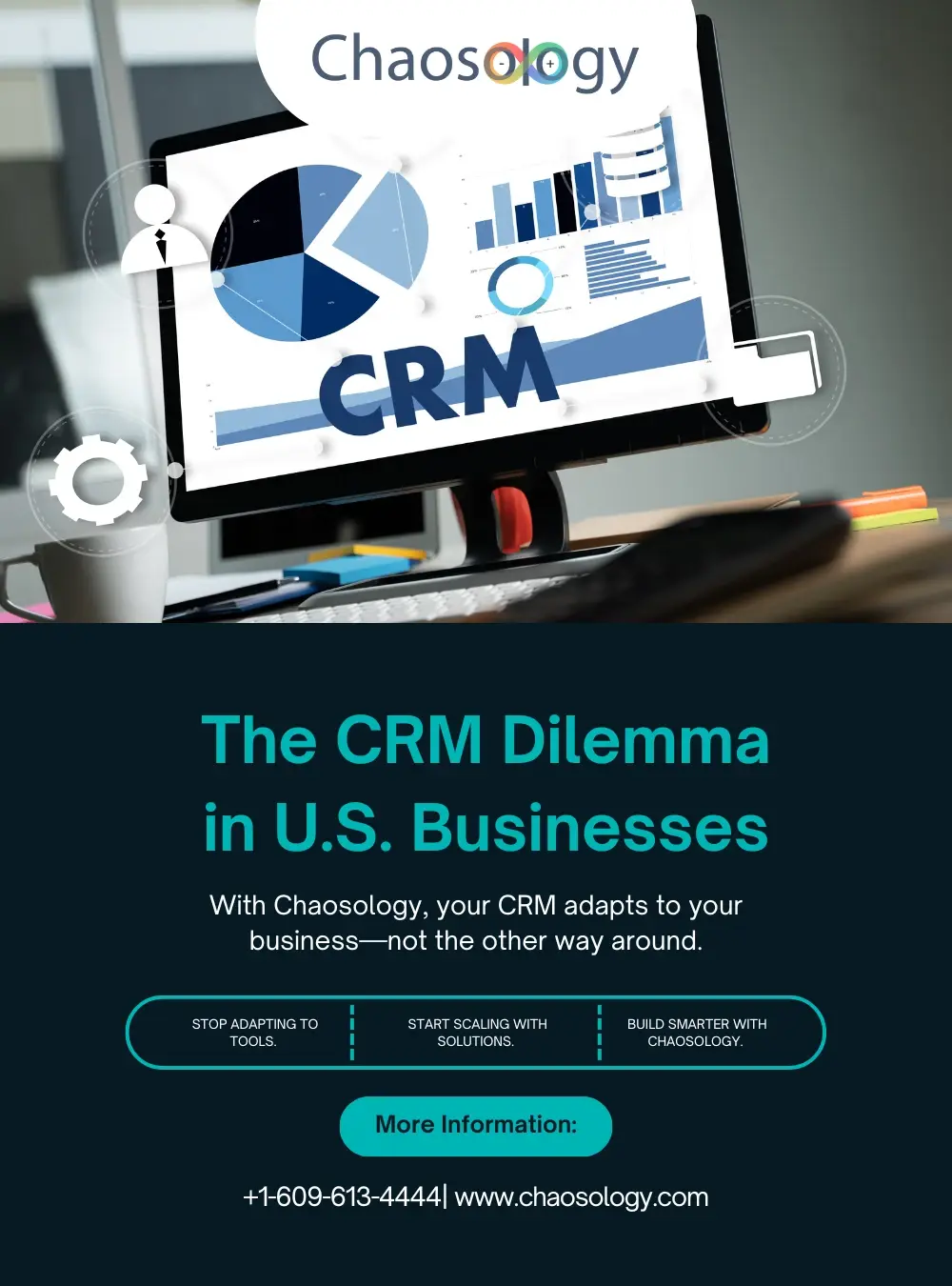 Computer screen displaying CRM analytics dashboard with charts and graphs, promoting Chaosology’s custom CRM solutions for U.S. businesses.