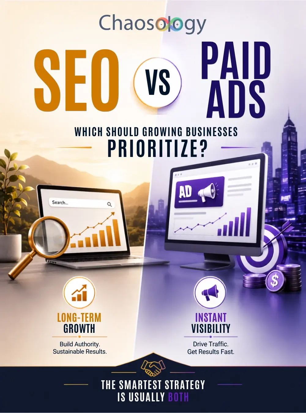 SEO vs Paid Ads comparison showing long-term organic growth versus instant paid visibility, helping growing businesses choose the right digital marketing strategy.