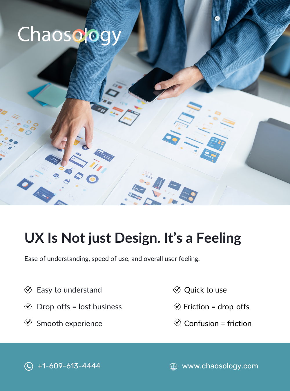 **Alt Text:** Person reviewing UX/UI wireframes and mobile app screens on a desk, highlighting user experience design focused on ease of use, speed, and reducing friction.