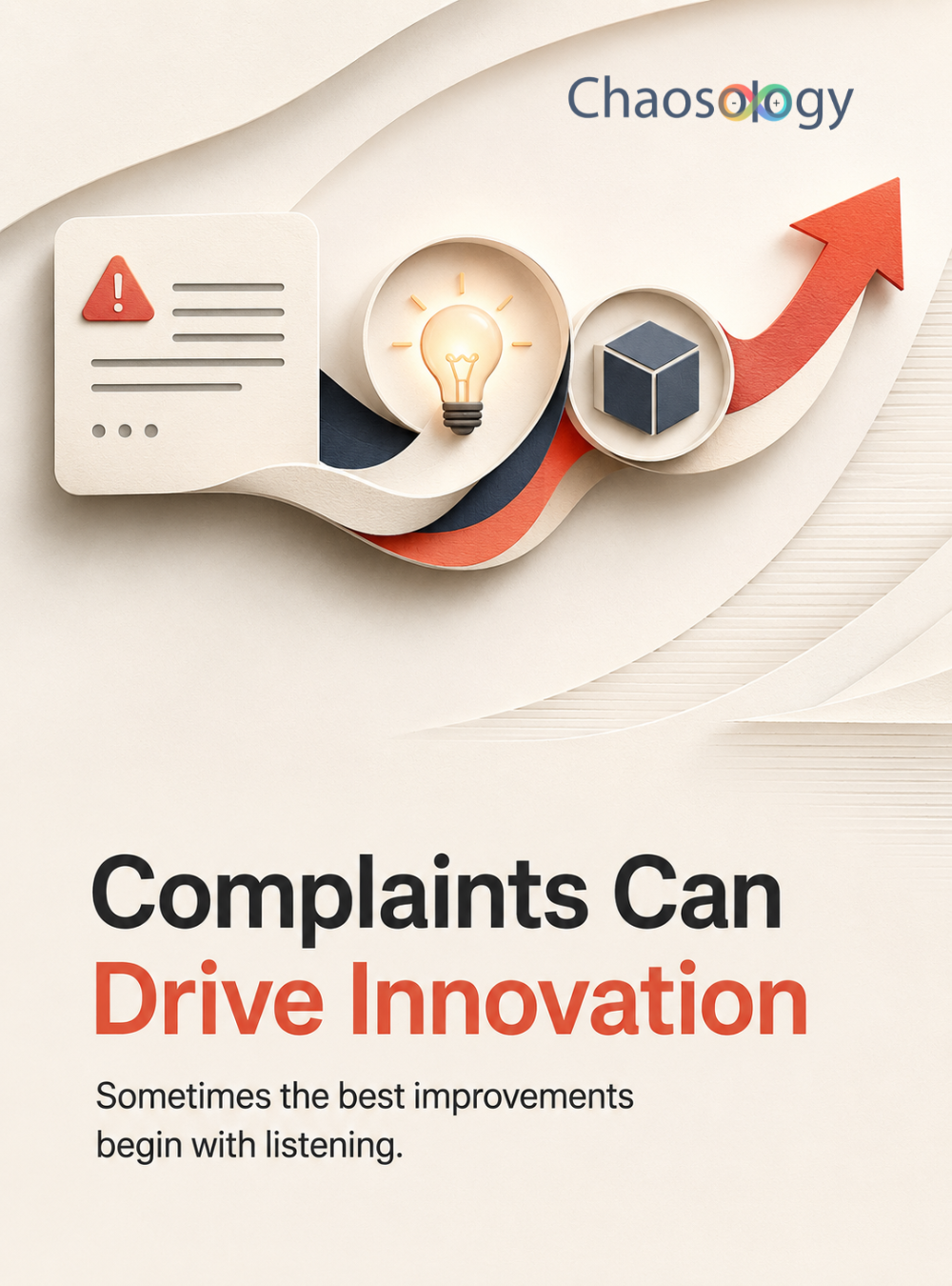 Customer complaint transforming into a lightbulb, product idea, and rising arrow with the message “Complaints Can Drive Innovation.”