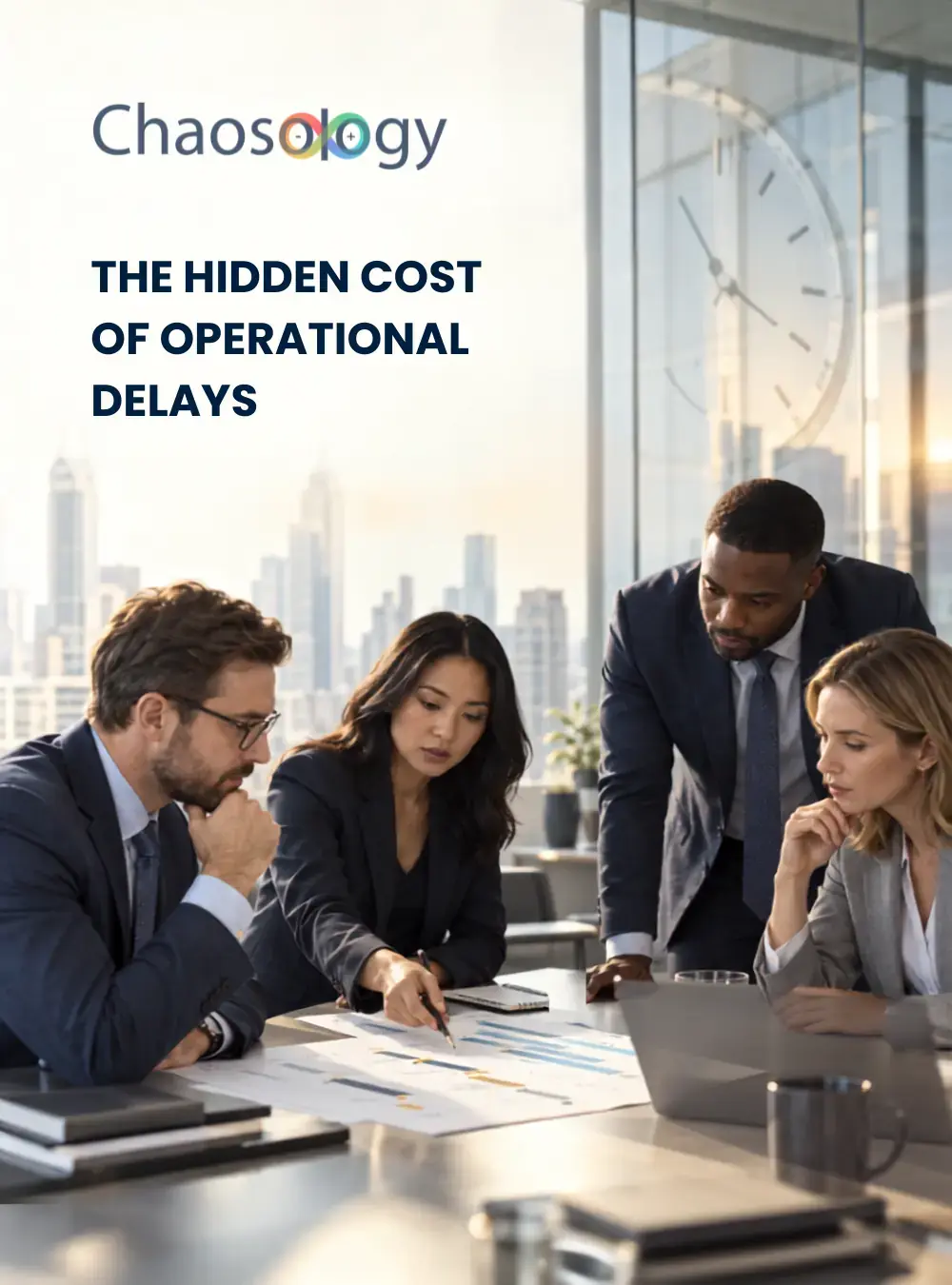 Business team reviewing reports beneath a large office clock, illustrating the hidden cost of operational delays.