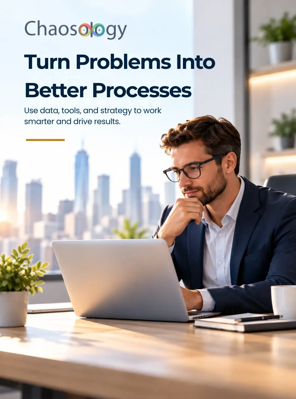 Business professional working on a laptop in a modern office with the text “Turn Problems Into Better Processes.”