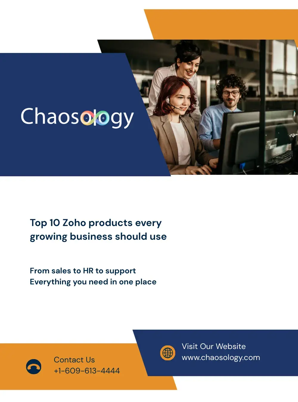 Graphic with the title Top 10 Zoho Products Every Growing Business Should Use, highlighting key business tools.