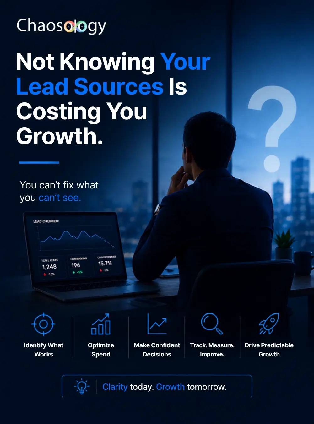 Business professional analyzing lead generation data while questioning where the next customer lead will come from.