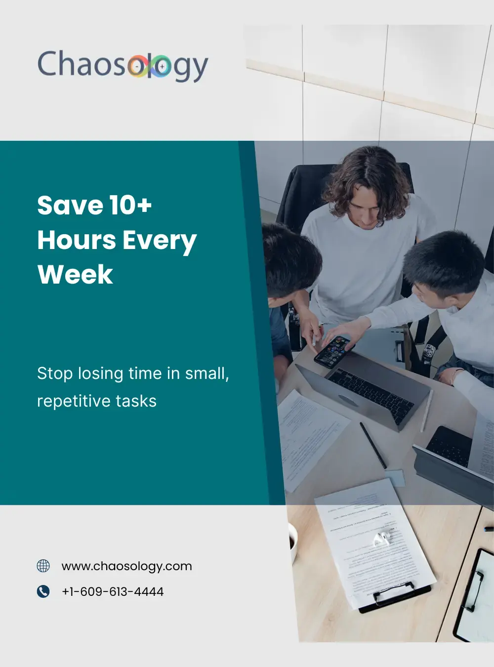 Chaosology banner showing team collaboration and “Save 10+ Hours Every Week” message.