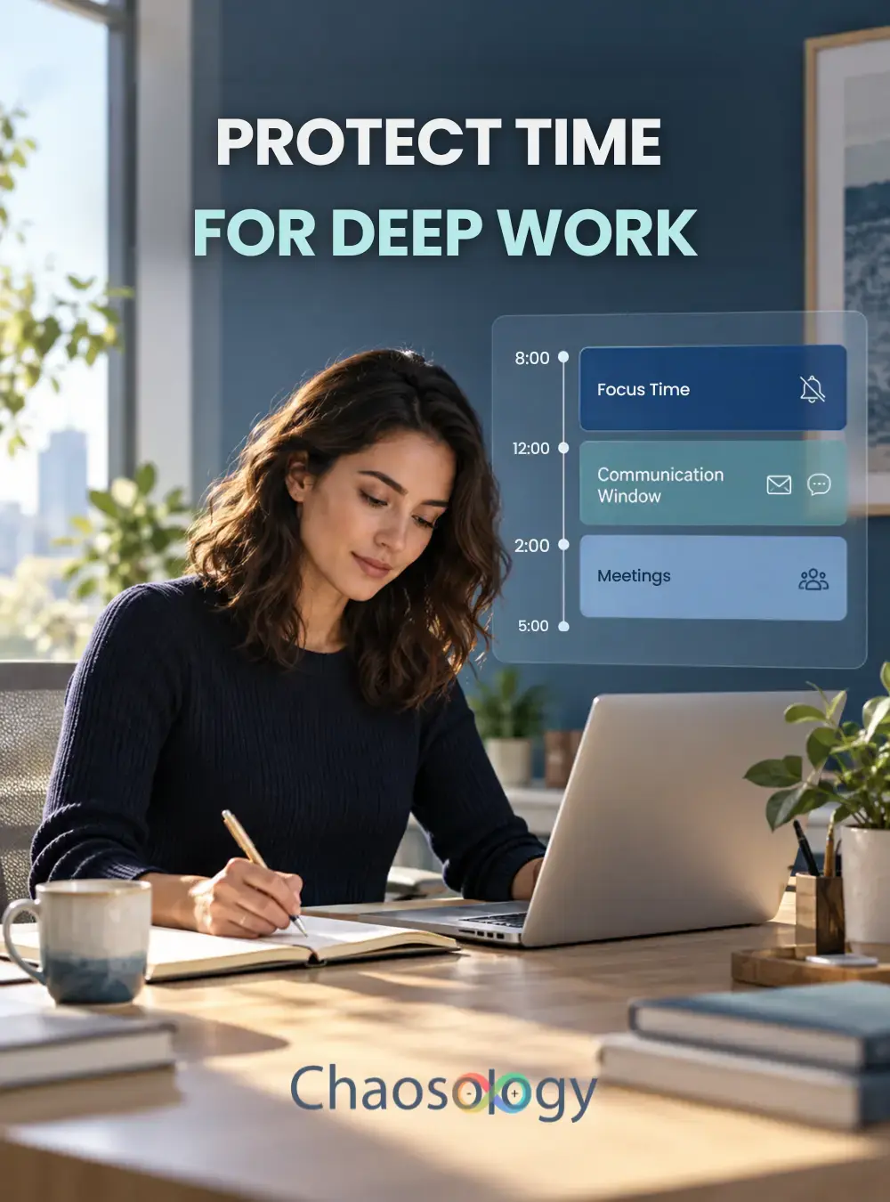 Professional planning deep work with dedicated time for communication and meetings.