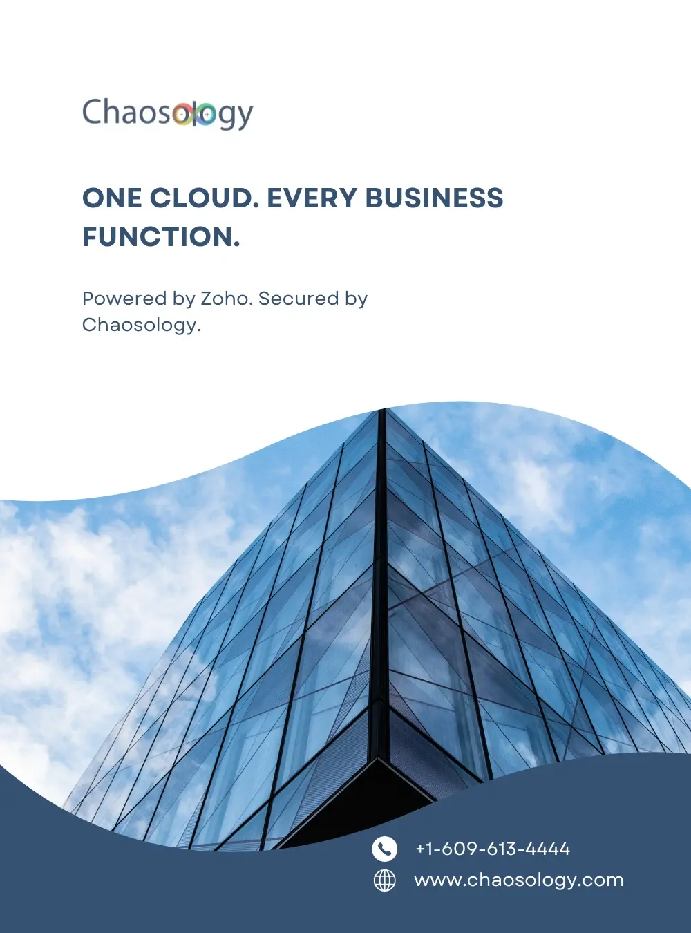 Glass building symbolizing cloud tech with text: “One Cloud. Every Business Function.