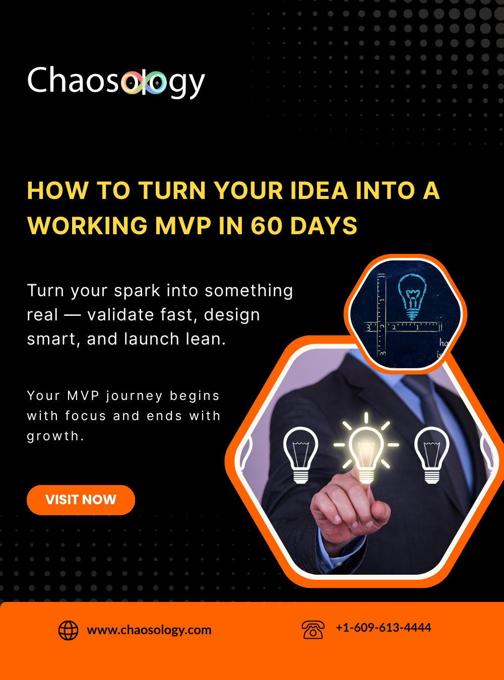 Promotional graphic showing Chaosology’s “How to Turn Your Idea into a Working MVP in 60 Days” offer, featuring people working on a laptop and business brainstorming icons.
