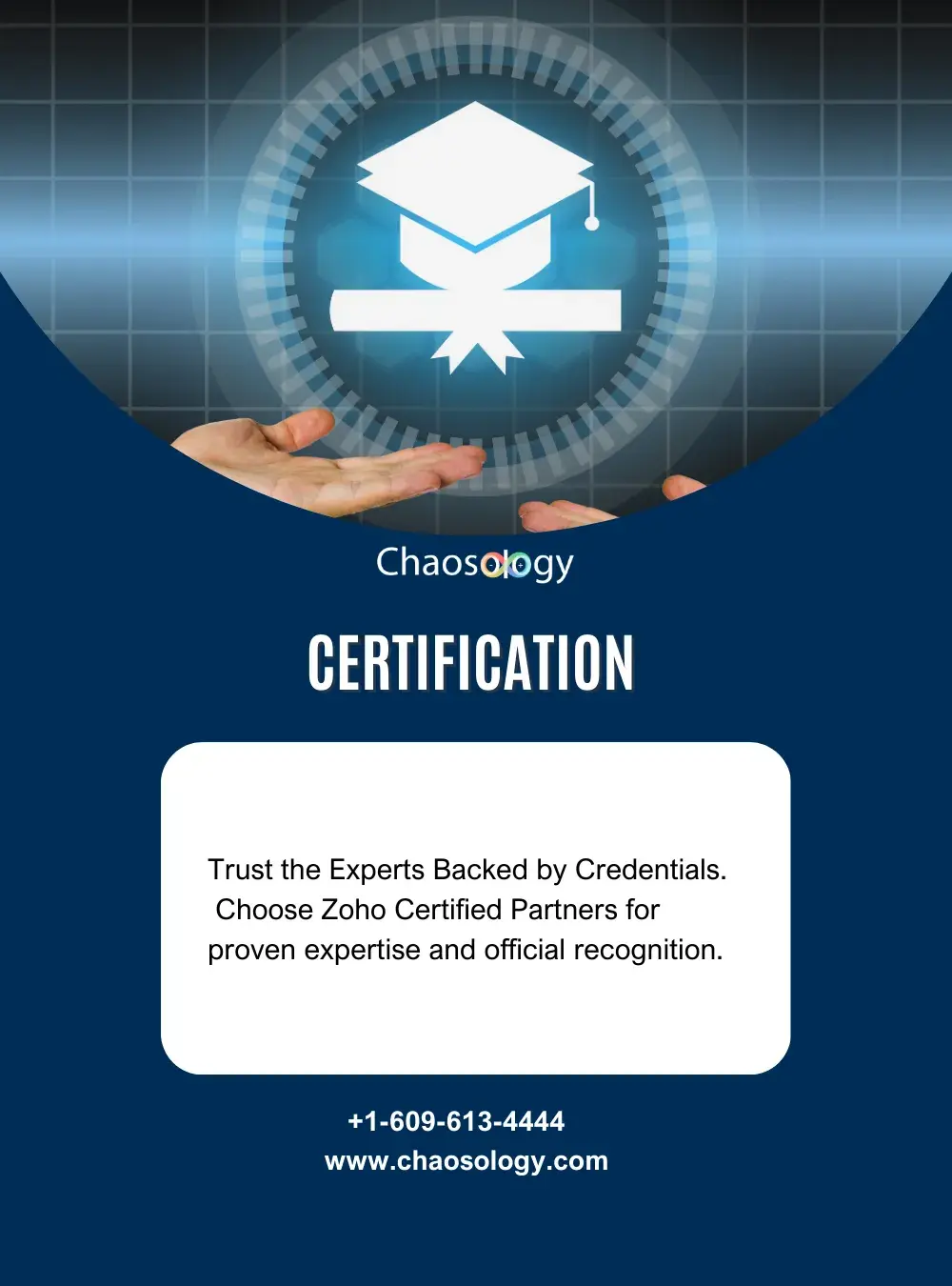 Certification banner for Chaosology highlighting Zoho certified partner services, with a stylized badge, open hands, and contact information.