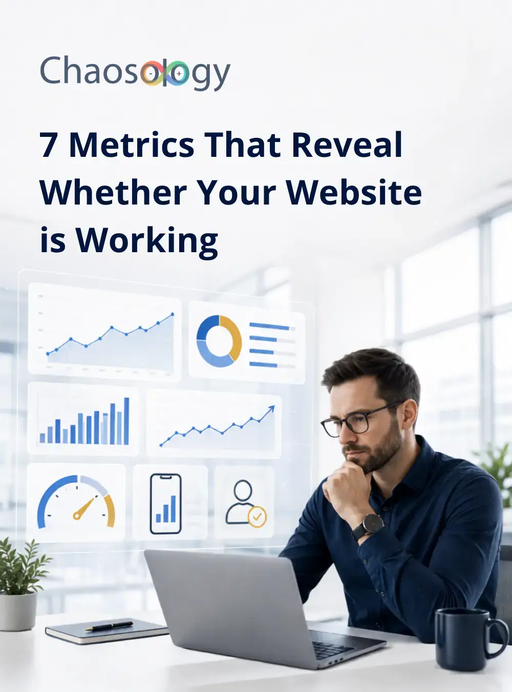 Professional reviewing website analytics on a laptop, illustrating seven metrics that reveal whether a website is working.