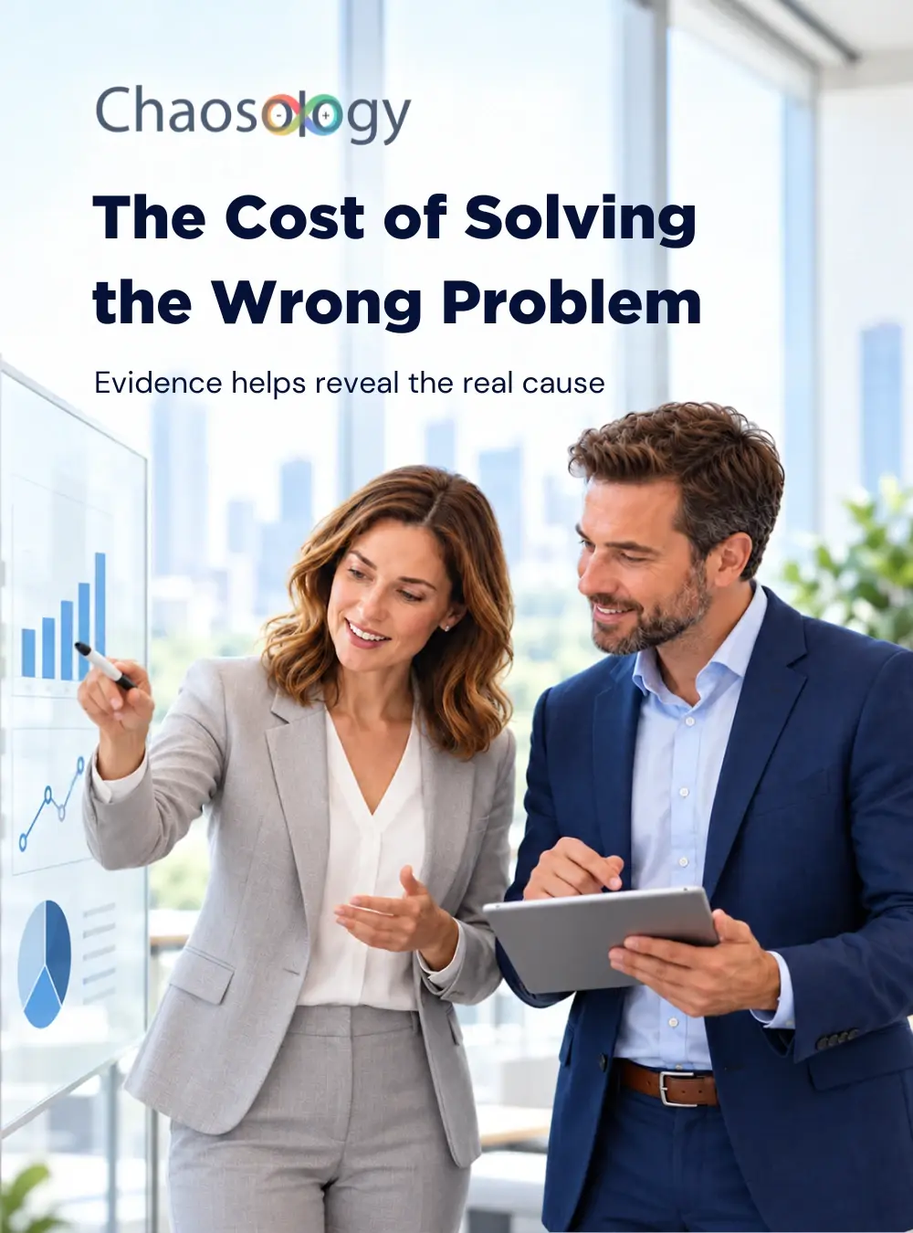 Chaosology graphic showing two business professionals reviewing charts, with the headline “The Cost of Solving the Wrong Problem” and the message “Evidence helps reveal the real cause.”