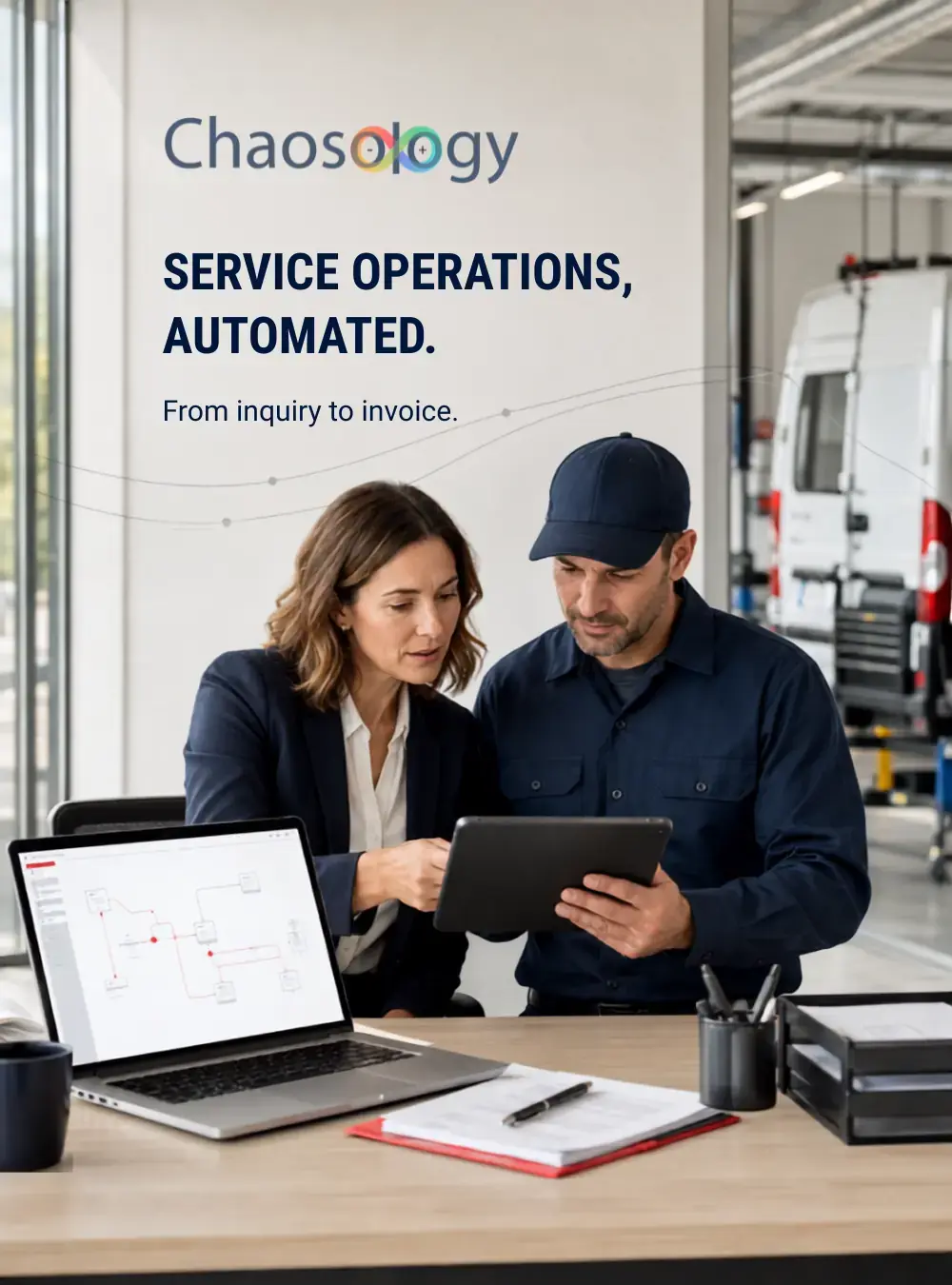 Service operations manager and field technician reviewing an automated workflow from customer inquiry to invoice.