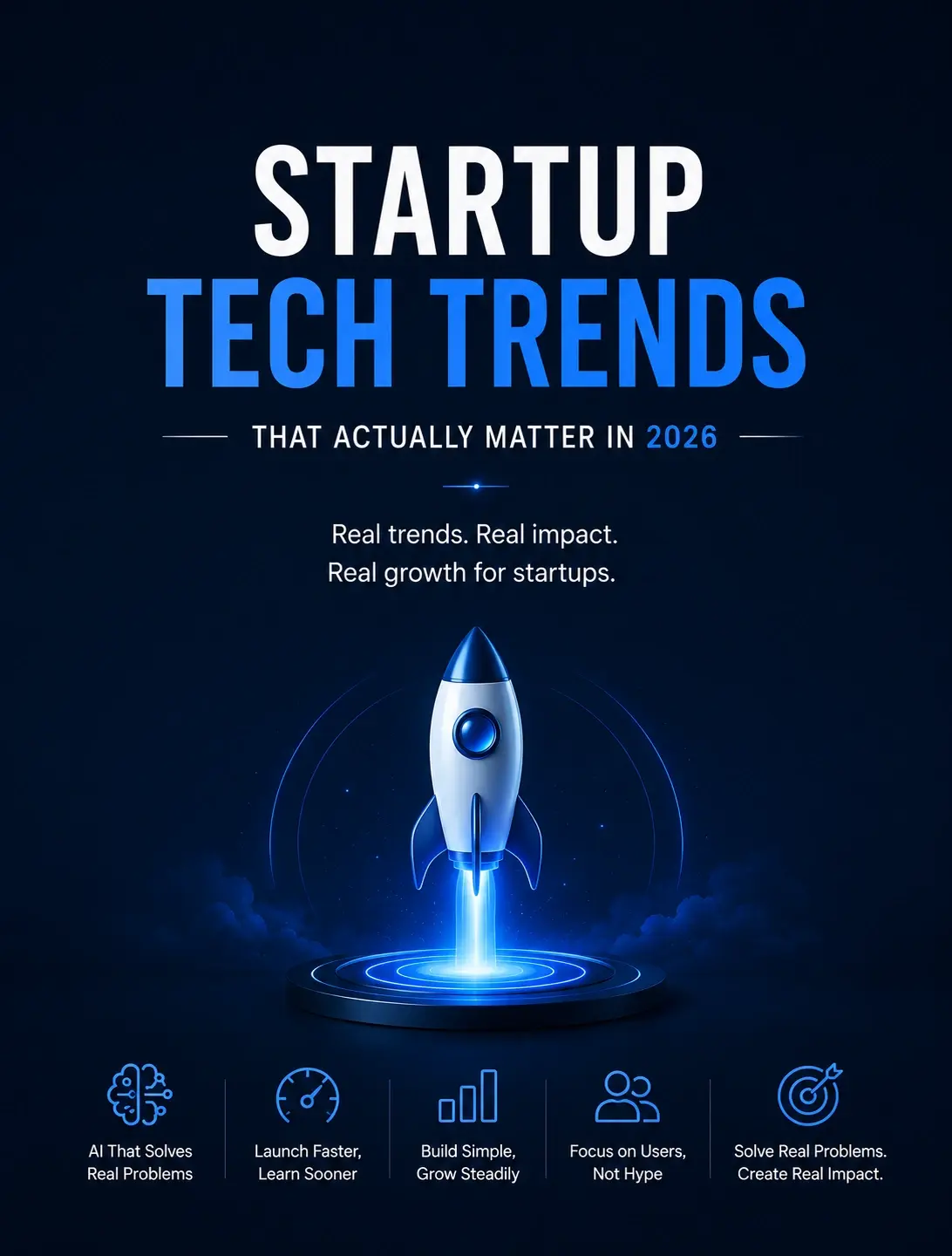 Modern dark-themed startup tech trends poster featuring a futuristic laptop workspace, glowing blue UI elements, AI and growth icons, and bold typography highlighting 2026 startup innovation trends.