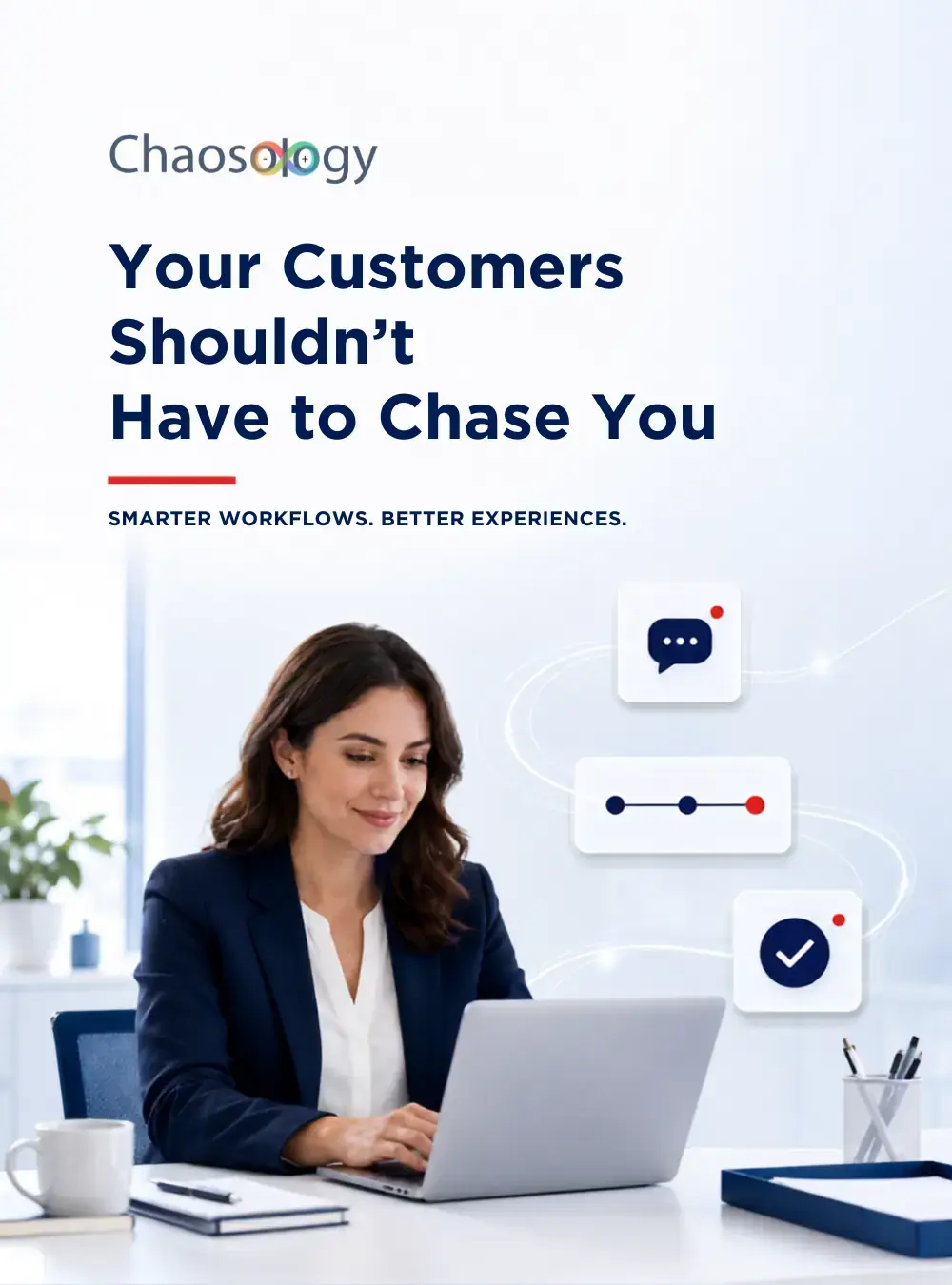 Businesswoman using automated software to manage customer workflows efficiently.
