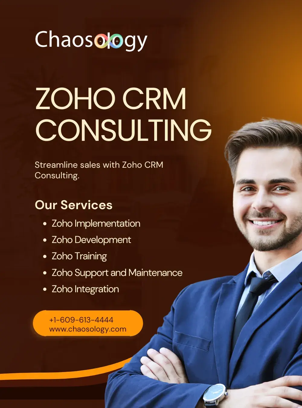 Business consultant promoting Zoho CRM Consulting services with key offerings and contact info.
